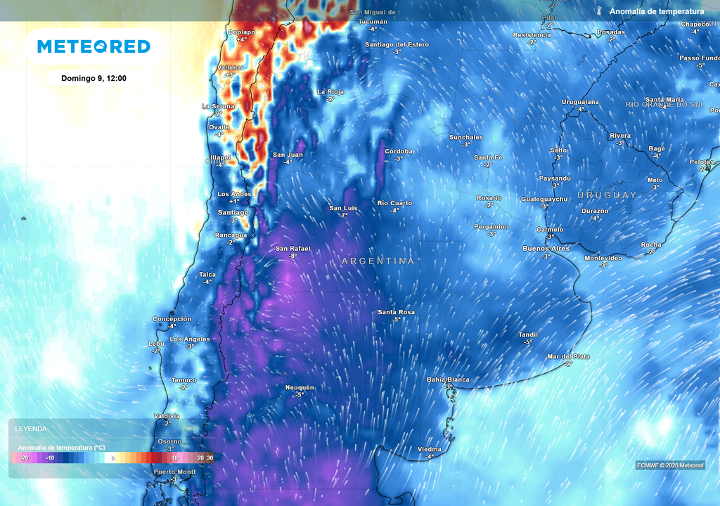 Pronóstico, Clima, Tiempo, Argentina Anomalía de temperatura prevista para el próximo domingo según el modelo ECMWF