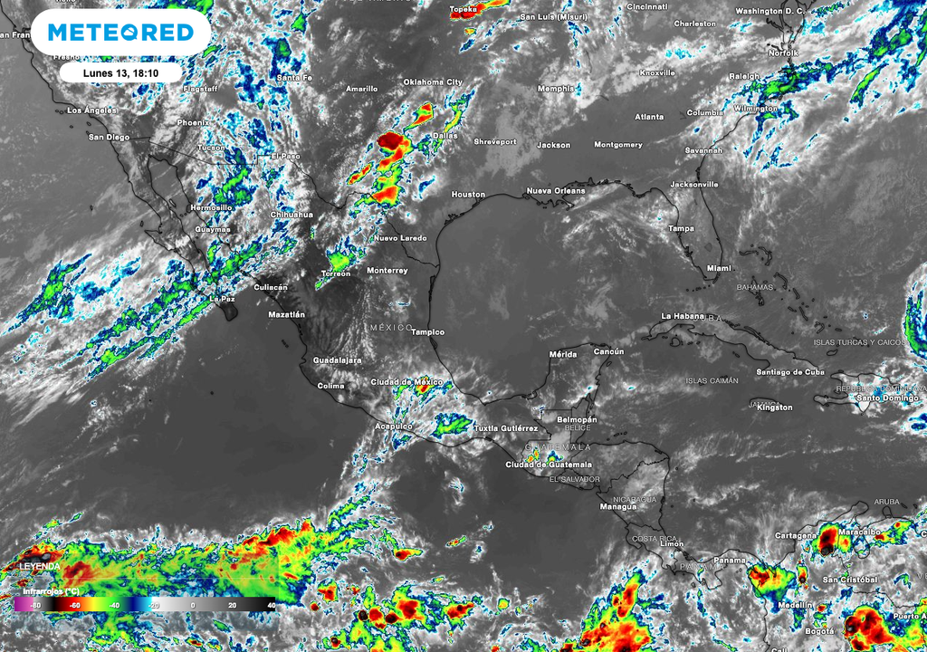 Los tormentas son más activas sobre entidades del Noroeste, Norte y Centro, justo como se aprecia en la imagen satelital. Los tormentas son más activas sobre entidades del Noroeste, Norte y Centro, justo como se aprecia en la imagen satelital.