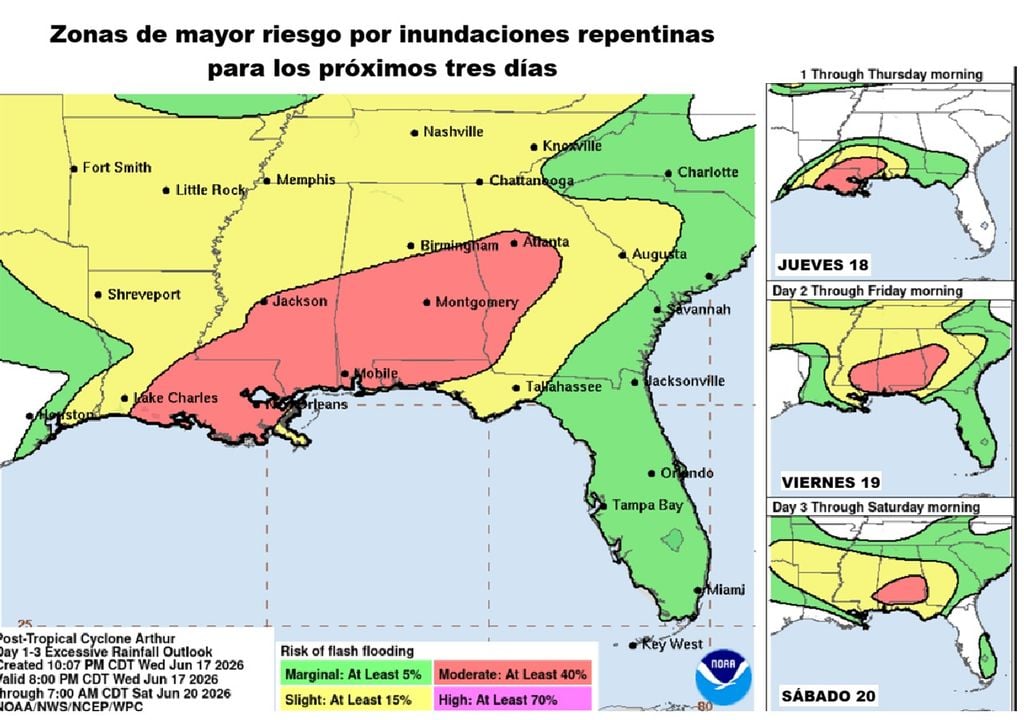 Alerta por la tormenta Arthur sobre el sur de EE.UU., su remanente dejará graves inundaciones en pleno Mundial de Fútbol Zonas con mayor riesgo por inundaciones repentinas.