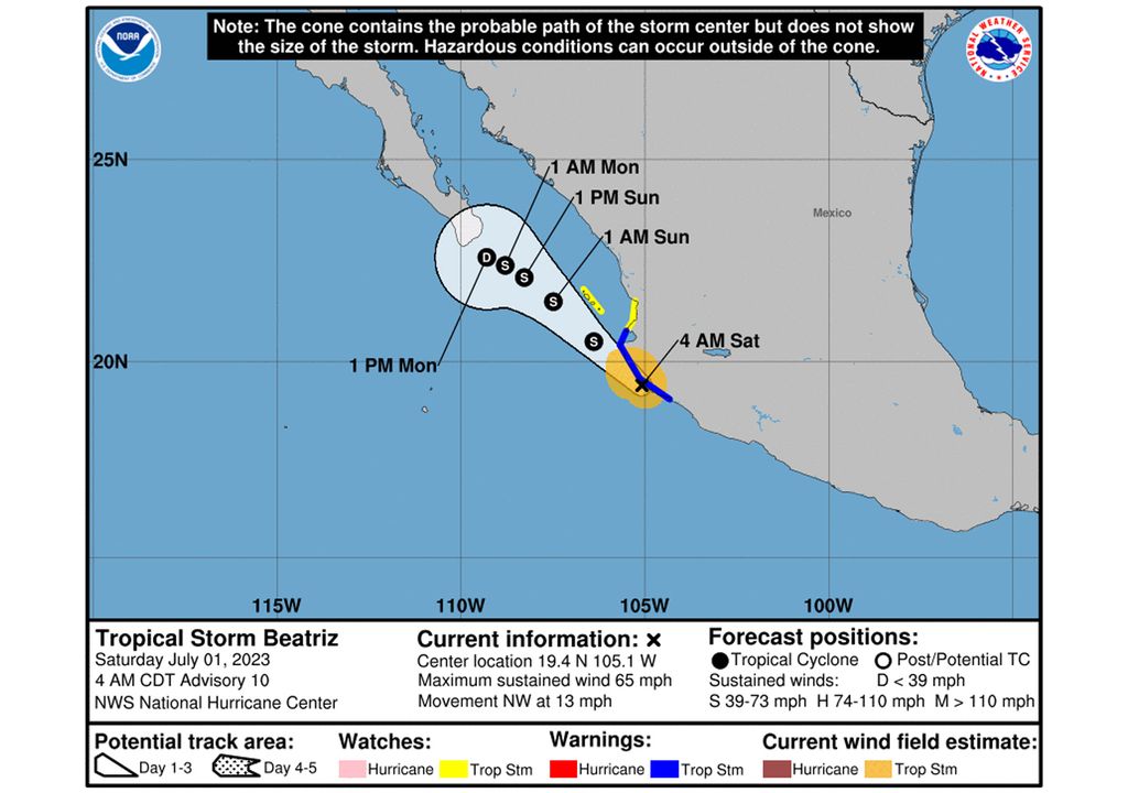 trayectoria de la tormenta tropical Beatriz azotando México, huracán pacífico