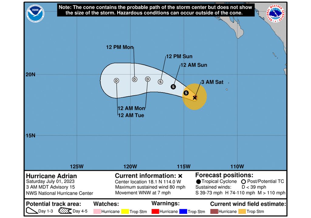 trayectoria del huracán Adrián en el Pacífico frente a la costa oeste de México