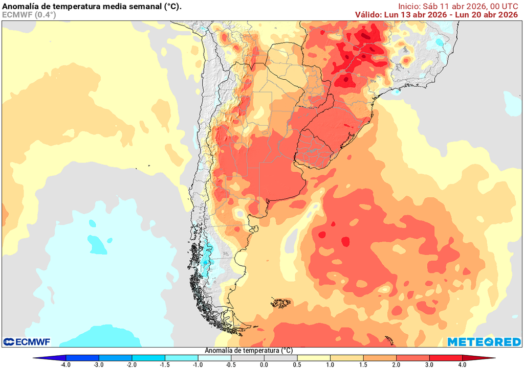 Lluvia, Tormenta, Viento, Temperatura, Alerta, Buenos Aires, Córdoba, Litoral, Argentina, Pronóstico, Clima, Tiempo Anomalía de temperatura prevista para la próxima semana según el modelo ECMWF