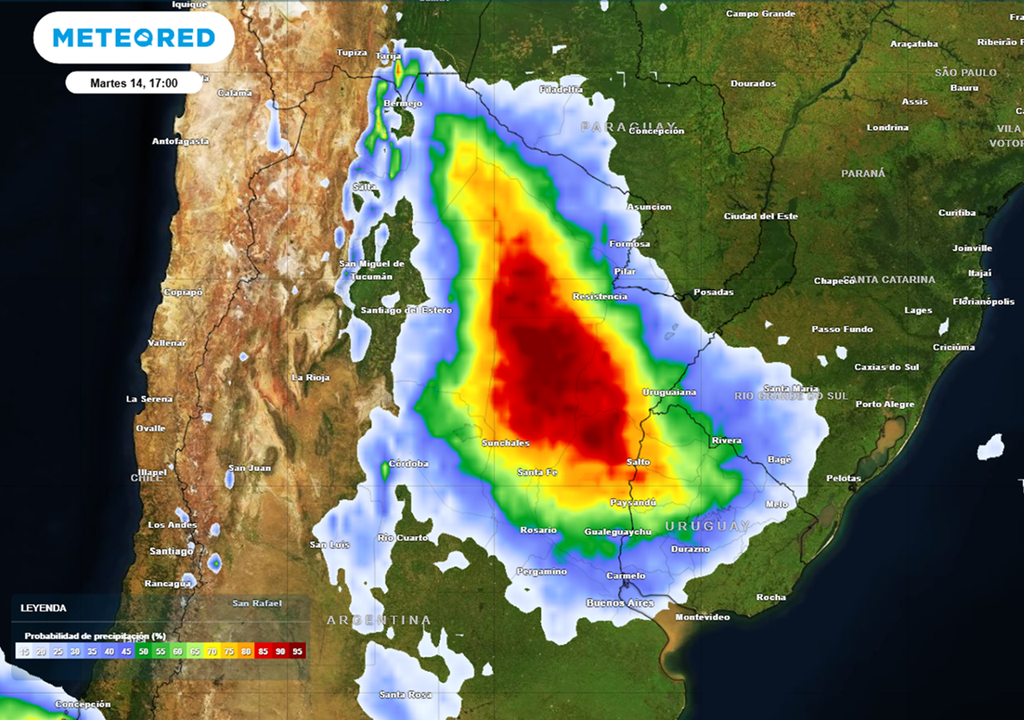 NEA y litoras con alerta por lluvias y tormentas Zona de máxima probabilidad de precipitaciones en la tarde del martes 14 de abril. Modelo: ECMWF.