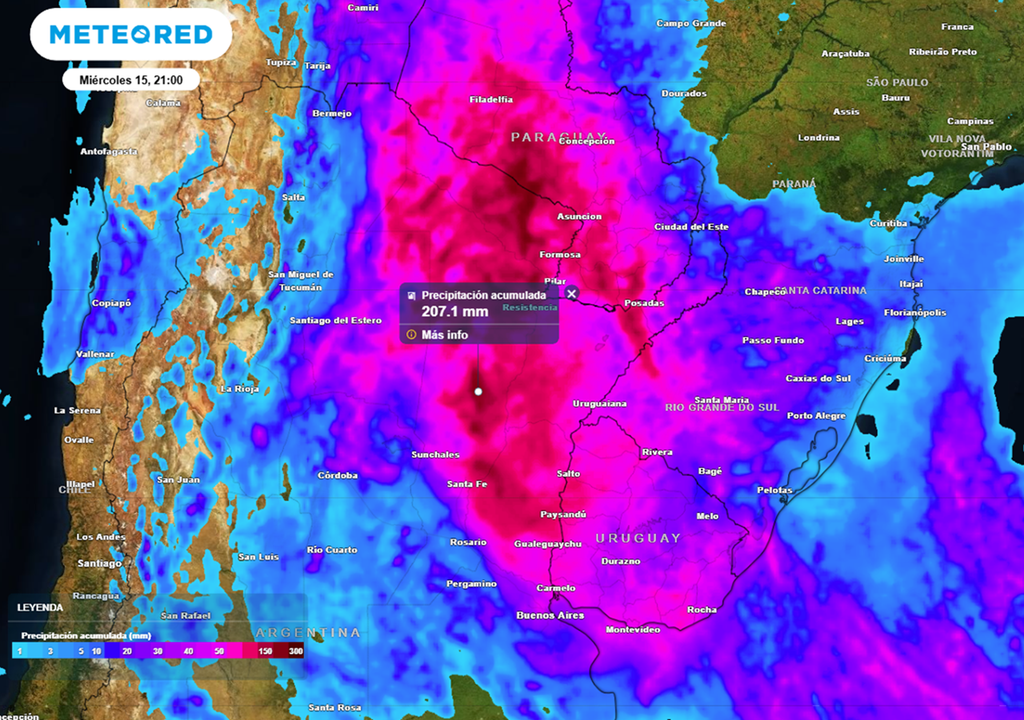 lluvia acumulada en el NEA Lluvia acumulada hasta el miércoles 15 de abril en la noche. Modelo: ECMWF.