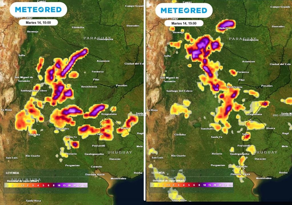 tormentas martes 14 de abril Tormentas fuertes a severas durante la mañana del martes 14 de abril (izquierda), y a partir de la tarde extendiéndose sobre el norte de la región Pampeana (derecha). Modelo: ECMWF.