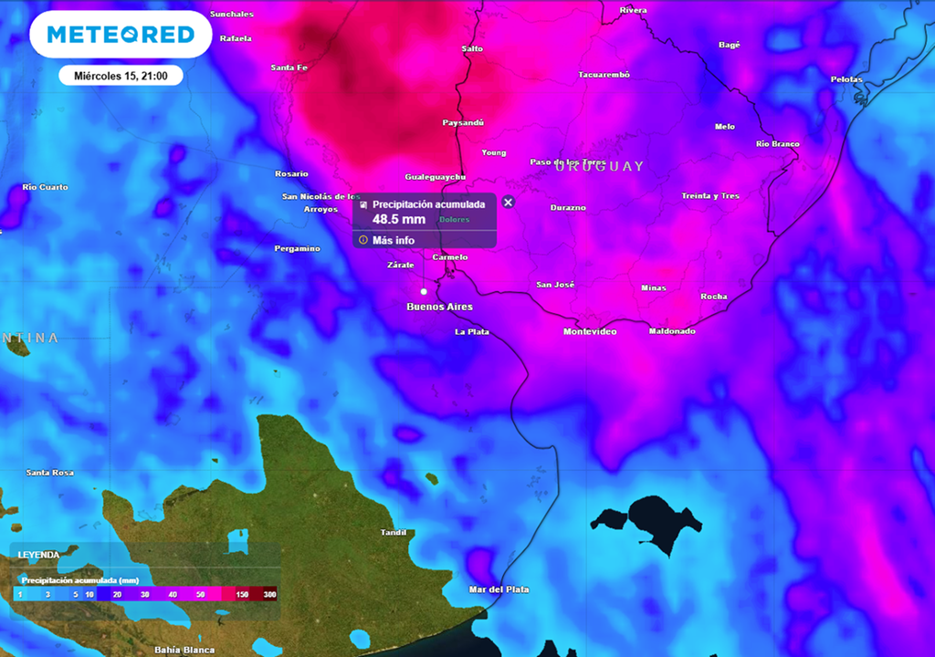 ññuvia en el AMBA buenos aires Lluvia acumulada en torno a los 40-50 mm para el AMBA, entre el martes 14 y miércoles 15. Créditos: ECMWF.