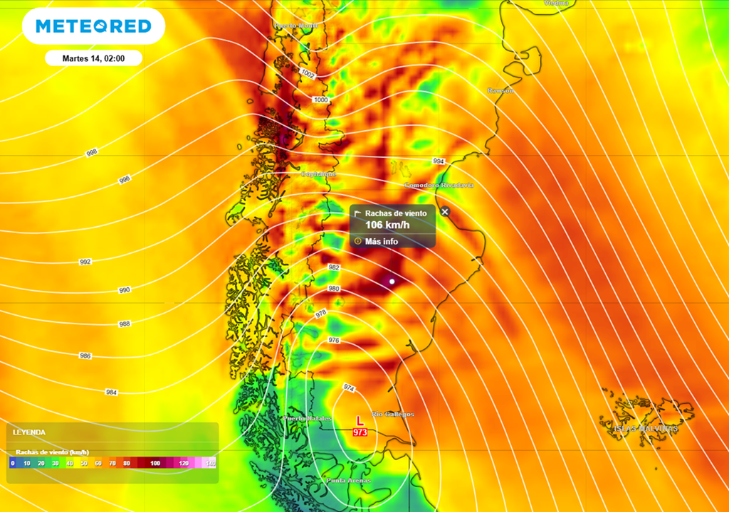 viento alerta patagonia Ráfagas de hasta 100 km/h en el sur y centro patagónico durante el lunes 13 y martes 14. Modelo: ECMWF.