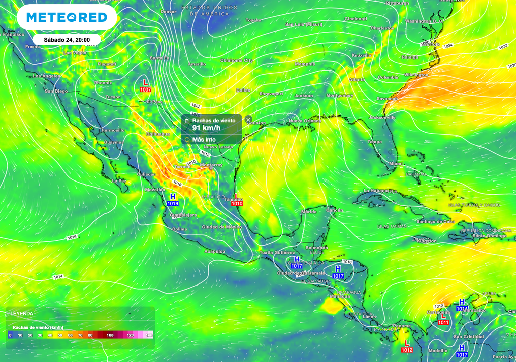 Se prevé viento de hasta 60 km/h con ráfagas de 80 a 100 km/h sobre Sonora, Chihuahua, Durango, Zacatecas y Nuevo León.