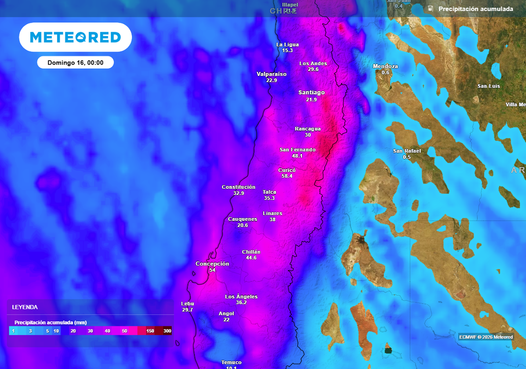 Precipitación acumulada hasta el día sábado, día en el cual se acumularán los mayores montos.
