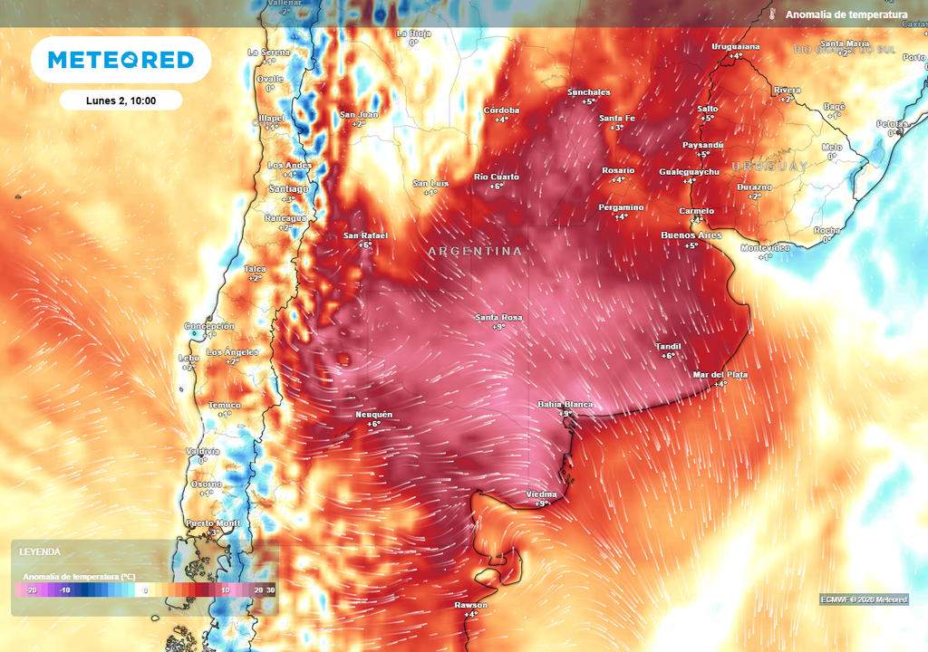 Anomalía de temperatura prevista para el próximo lunes según el modelo ECMWF