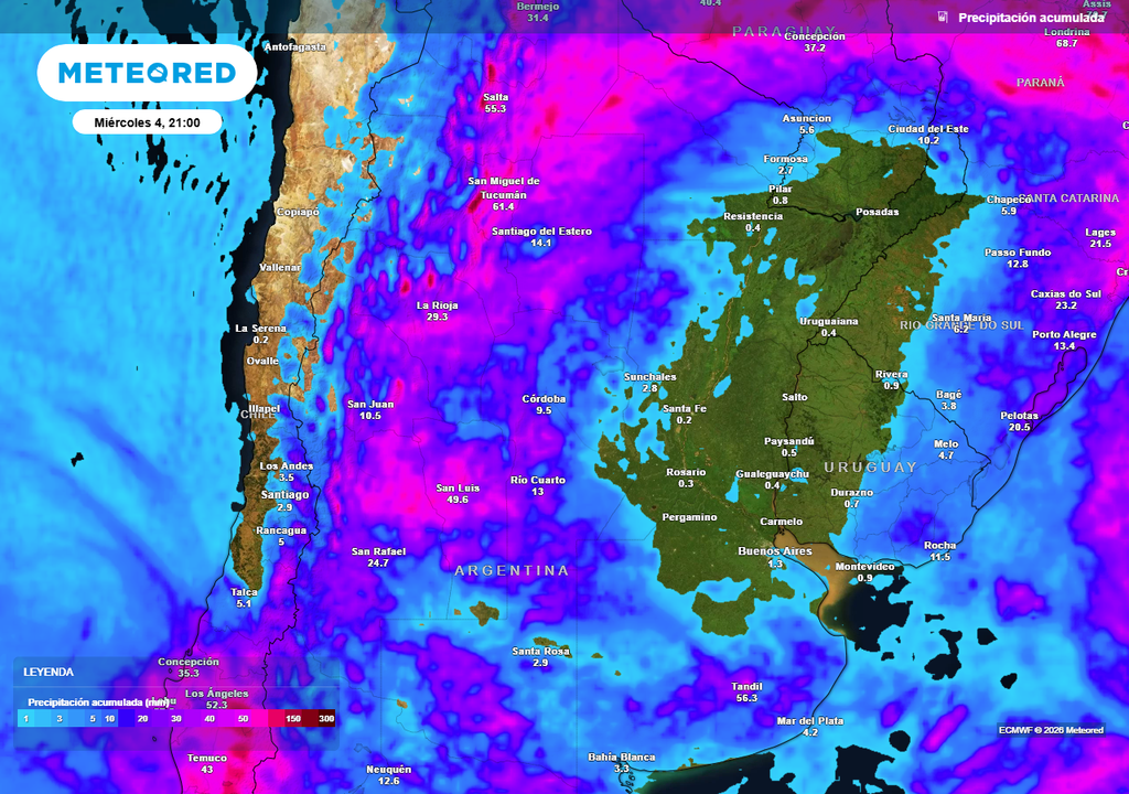Acumulados de lluvia previstos hasta el próximo miércoles según nuestro modelo de referencia ECMWF