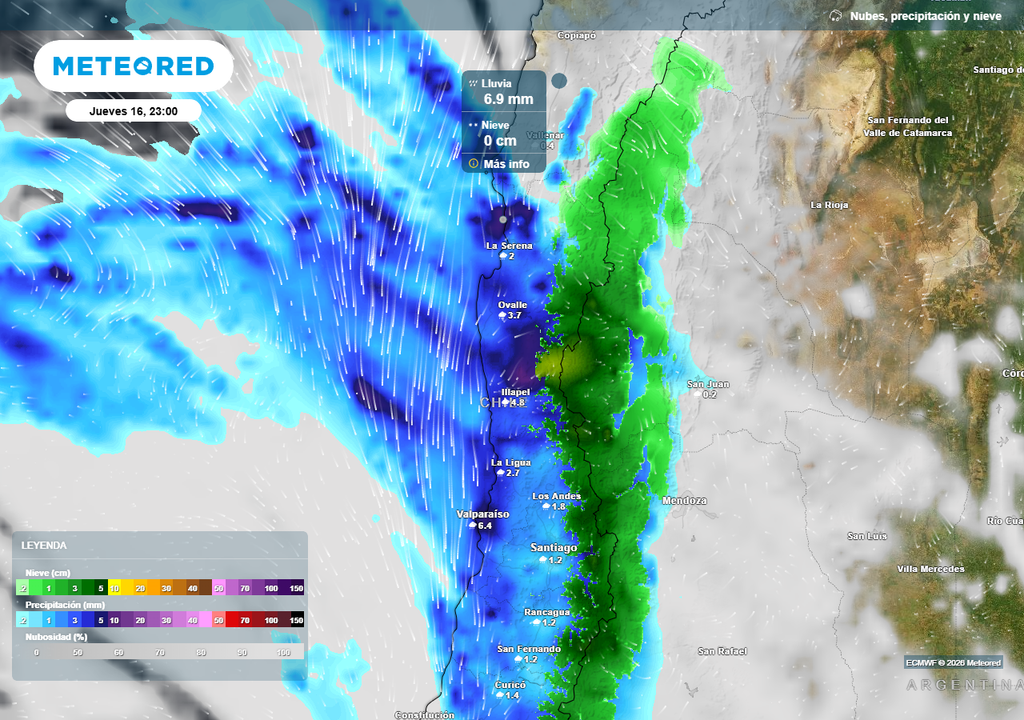 Fuertes lluvias para la Región de Coquimbo por río atmosférico extremo Precipitación (mm) para la noche del jueves (16) en la Región de Coquimbo.