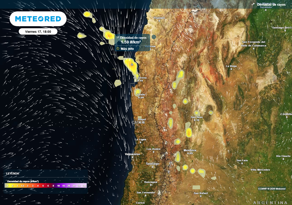 Probables tormentas eléctricas para la Región de Coquimbo, Chile Densidad de rayos (#/km2) para la tarde del viernes (17) en la Región de Coquimbo.
