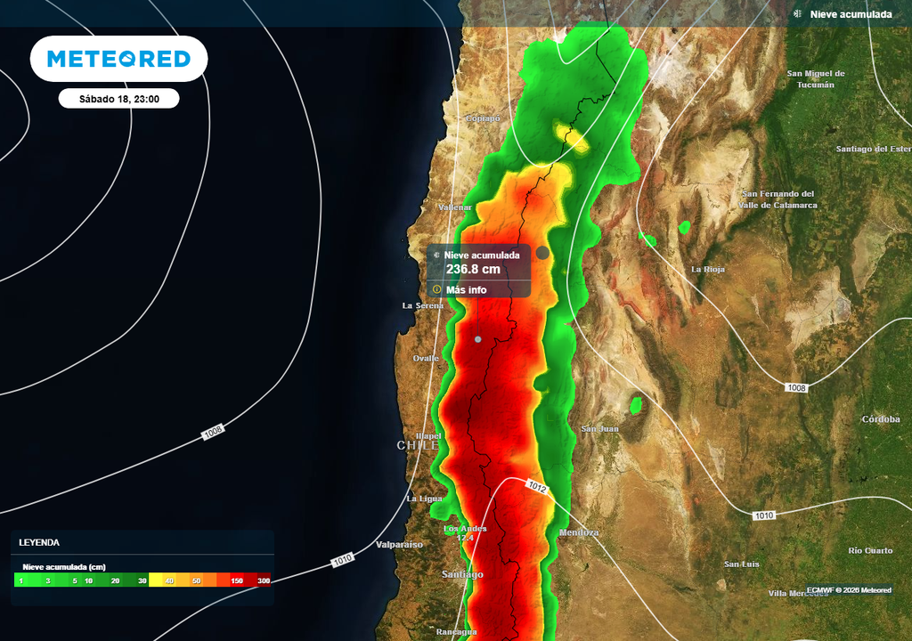 Nevadas moderadas a fuertes para las regiones de Atacama y Coquimbo, Chile Nieve acumulada (cm) hasta la noche del sábado (18) en las regiones de Atacama y Coquimbo.