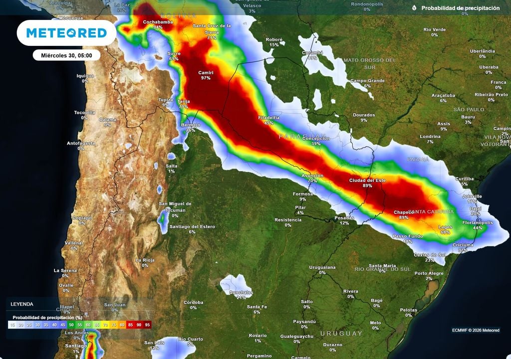 Pronóstico, Clima, Tiempo, Argentina Probabilidad de precipitaciones durante el próximo miércoles según mapas propios basados en nuestro modelo de confianza ECMWF