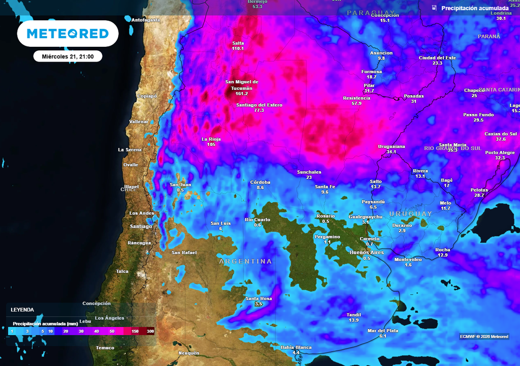 Acumulados de lluvia previstos hasta el próximo miércoles según nuestro modelo de referencia ECMWF