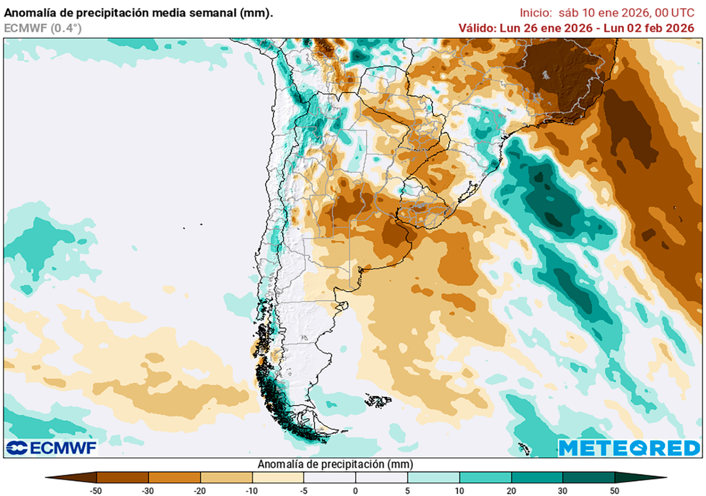 Anomalía de precipitaciones prevista para la última semana de enero según el modelo ECMWF