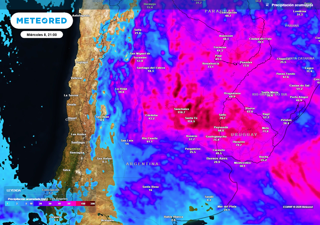 Acumulados de lluvia previstos hasta el próximo miércoles según nuestro modelo de referencia ECMWF