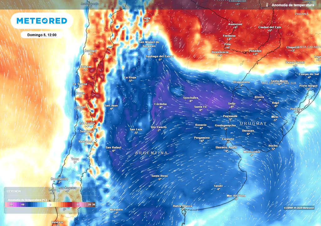 Anomalía de temperatura prevista para el próximo domingo según el modelo ECMWF