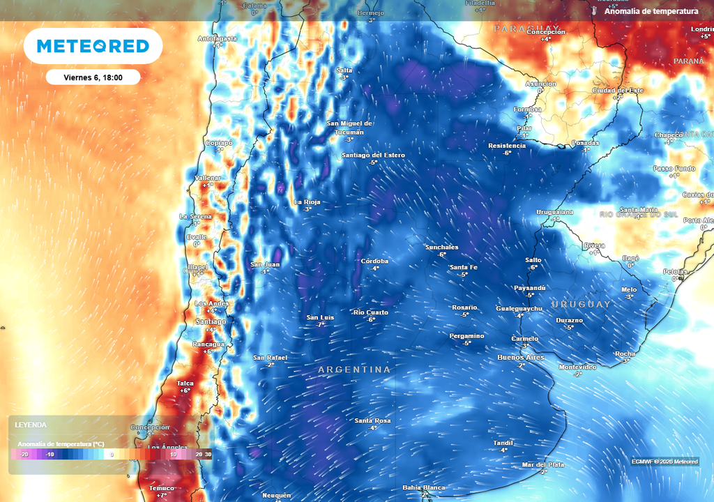 Anomalía de temperatura prevista para el próximo viernes según el modelo ECMWF