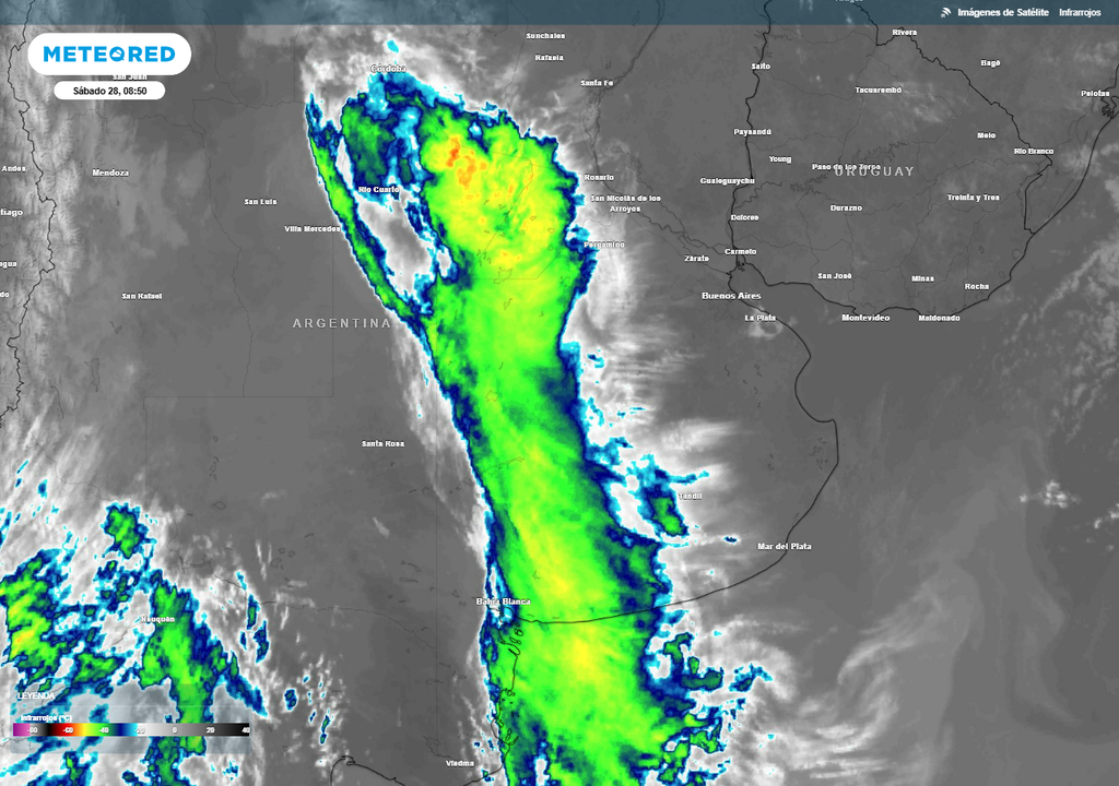 Tiempo alerta Argentina Banda de nubosidada compacta con algunas tormentas aisladas moviéndose en la mañana de este sábado por el centro del país.
