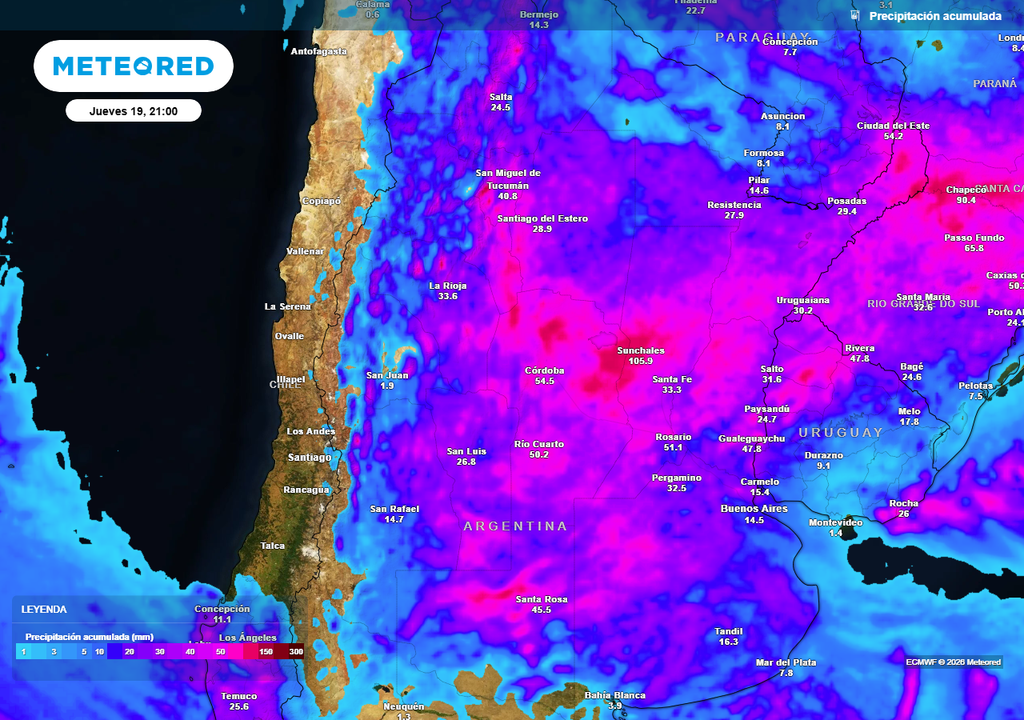 Alerta, Tormenta, Servicio Meteorológico Nacional, Clima, Tiempo, Pronóstico, Argentina, Pampeana, Buenos Aires, Córdoba, Santa Fe Acumulados de lluvia previstos hasta el próximo jueves según nuestro modelo de referencia ECMWF
