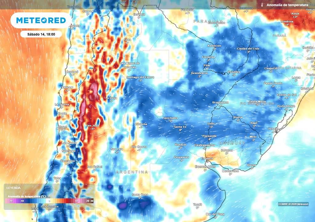 Anomalía de temperatura prevista para el próximo sábado según el modelo ECMWF