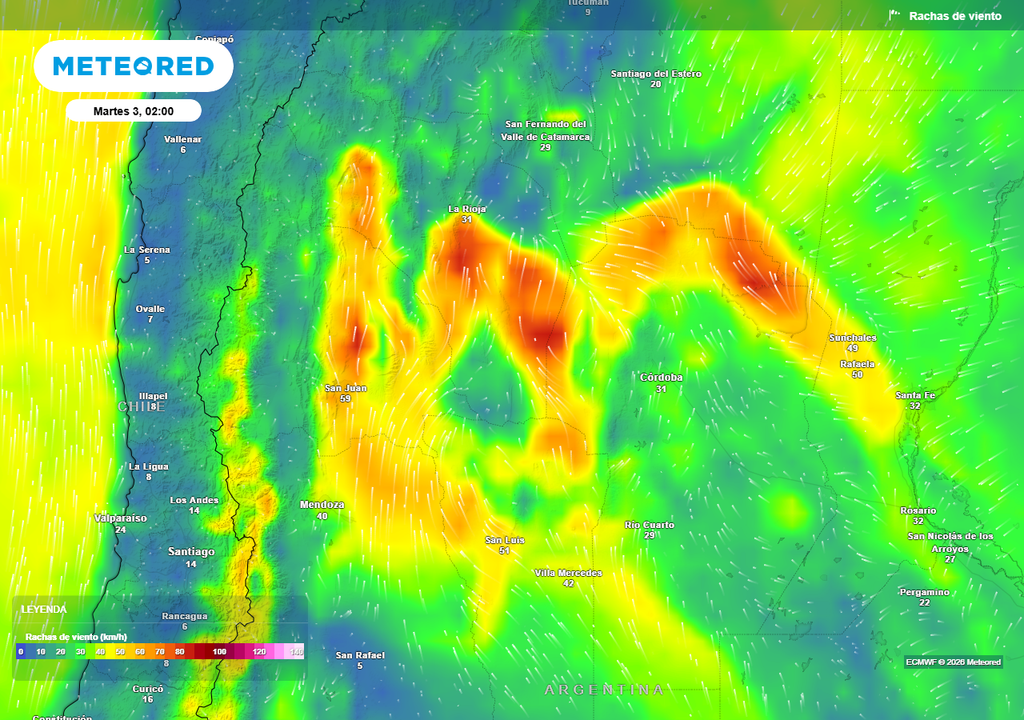 Ráfagas de viento pronosticadas por el ECMWF para la madrugada de este martes 3 de marzo.
