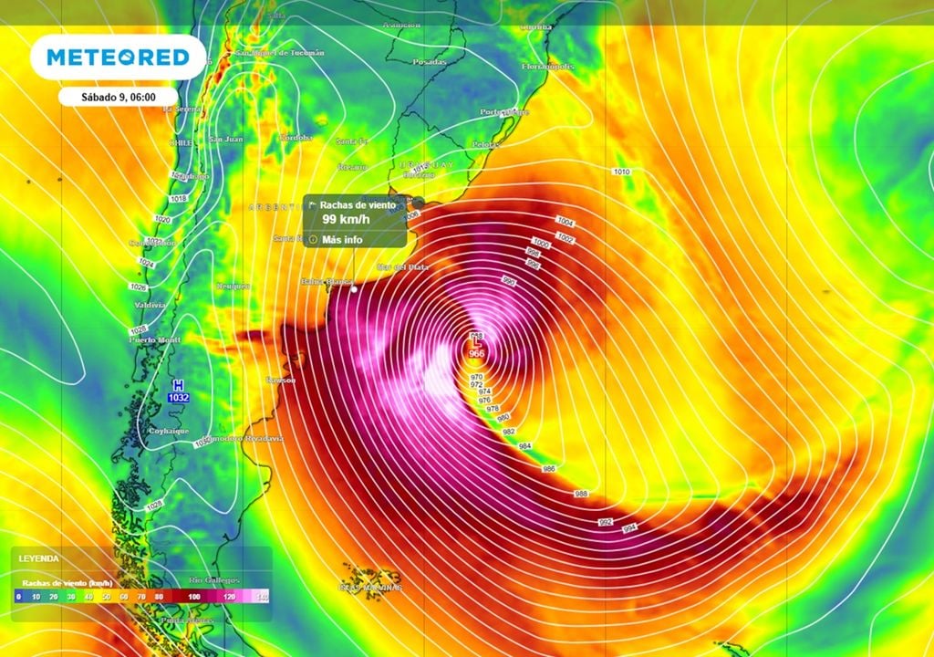 El ciclón extratropical azotará con ráfagas en torno a los 100 km/h la costa sur bonaerense. Modelo ECMWF.