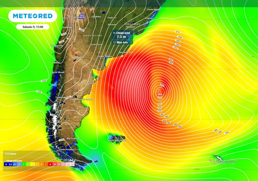 Ráfagas de viento muy fuertes y viento persistente durante unas 60 horas de ciclogénesis sobre el mar, generan olas de mas de 7 metros en la costa bonaerense. Modelo ECMWF.