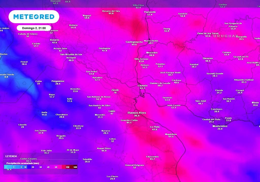 Mapa de precipitación acumulada hasta la noche del domingo 2 de julio, enfocado en las precipitaciones en el norte bonaerense, sur de Entre Ríos y la República Oriental del Uruguay, uno de los sectores más afectados por la ciclogénesis del fin de semana