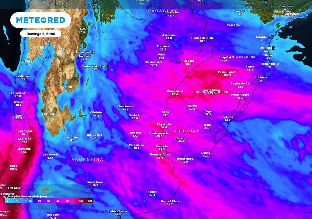 Mapa de precipitación acumulada hasta el domingo 2 de agosto en el norte de Argentina. Una ciclogénesis y un frente frío serán los mayores aportantes de mm de precipitación.