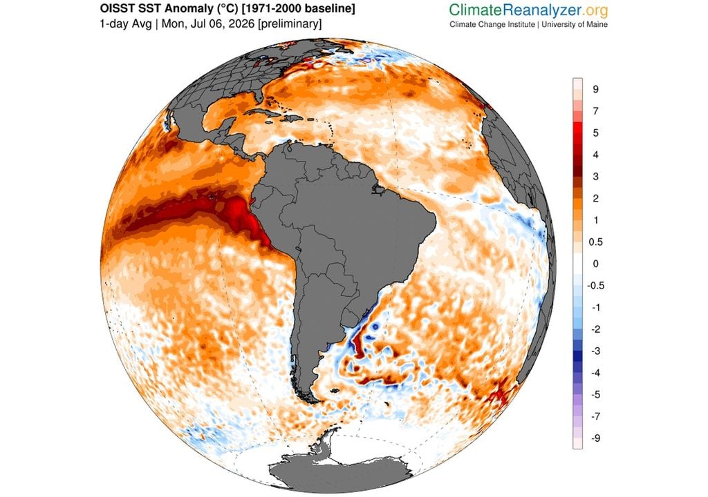 Niño activo Con El Niño activo, las aguas del Pacífico ecuatorial están más calientes que los niveles promedio. Esta carta muestra las anomalías de la temperatura superficial del océano el último 6 de julio. Quedará por ver si fenómenos como este intenso río atmosférico no está siendo intensificado por El Niño aportando mayores cantidades de humedad a la circulación. Imagen: Climate Reanalyzer