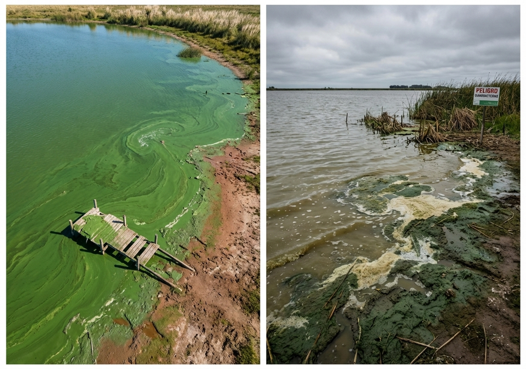 cianobacterias Algunas especies de cianobacterias (no todas) pueden ser nocivas para la salud y resultan tóxicas. Imagen ilustrativa de costas con cianobacterias muy evidentes.