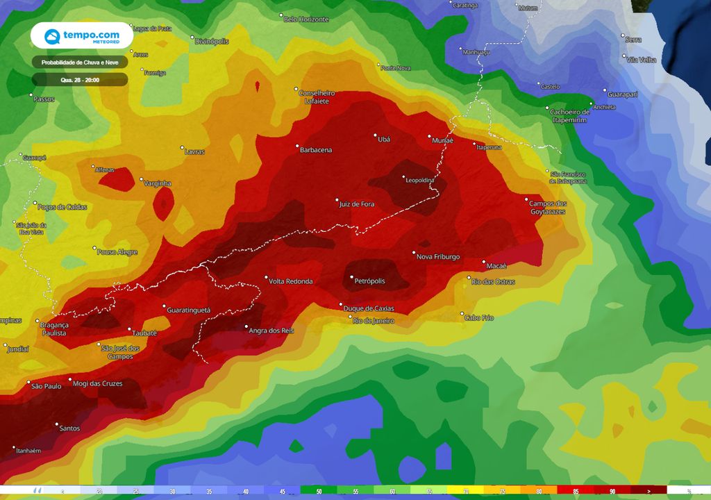 Mapa de probabilidade de chuva para RJ e sul de MG Mapa de probabilidade de chuva para RJ e sul de MG