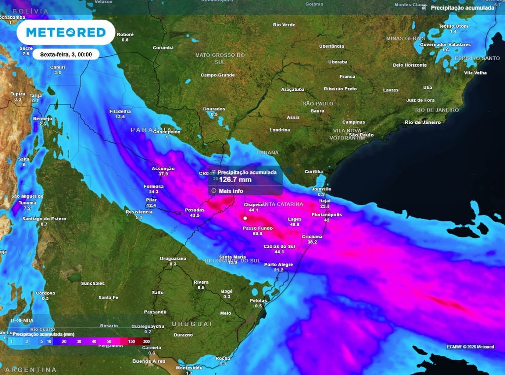 Chuva acumulada prevista até o final da noite de quinta-feira (2). De acordo com o modelo ECMWF.