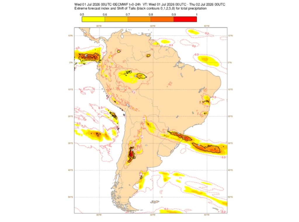 Prognóstico de Índice de Previsão Extrema (EFI) do modelo europeu ECMWF para esta quarta (1).