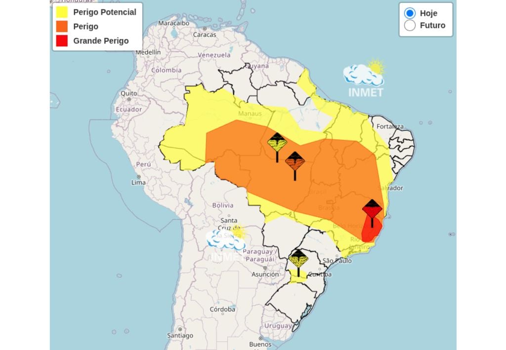 Mapa de alertas meteorológicos sobre o Brasil. Fonte: INMET.
