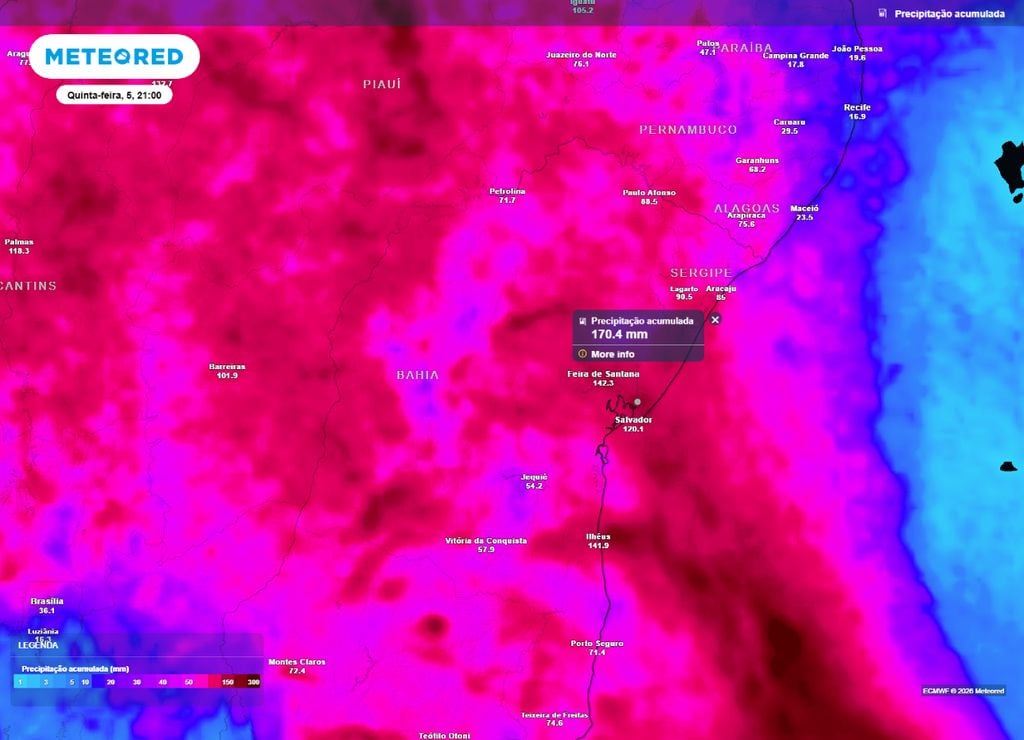 Acumulado de chuvas sobre o estado da Bahia até a quinta-feira, 5 de março.