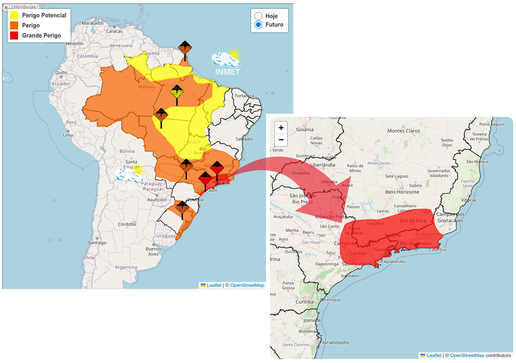Avisos do INMET para quinta-feira (12). Créditos: Adaptado de INMET.