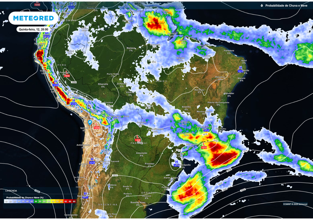 Formação de baixa pressão na costa do Sudeste (L) e probabilidade de chuva nesta quinta-feira (12), de acordo com o ECMWF.