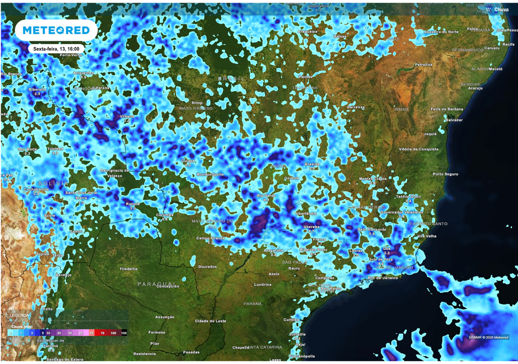 Previsão de chuva nesta sexta-feira (13), de acordo com o ECMWF.