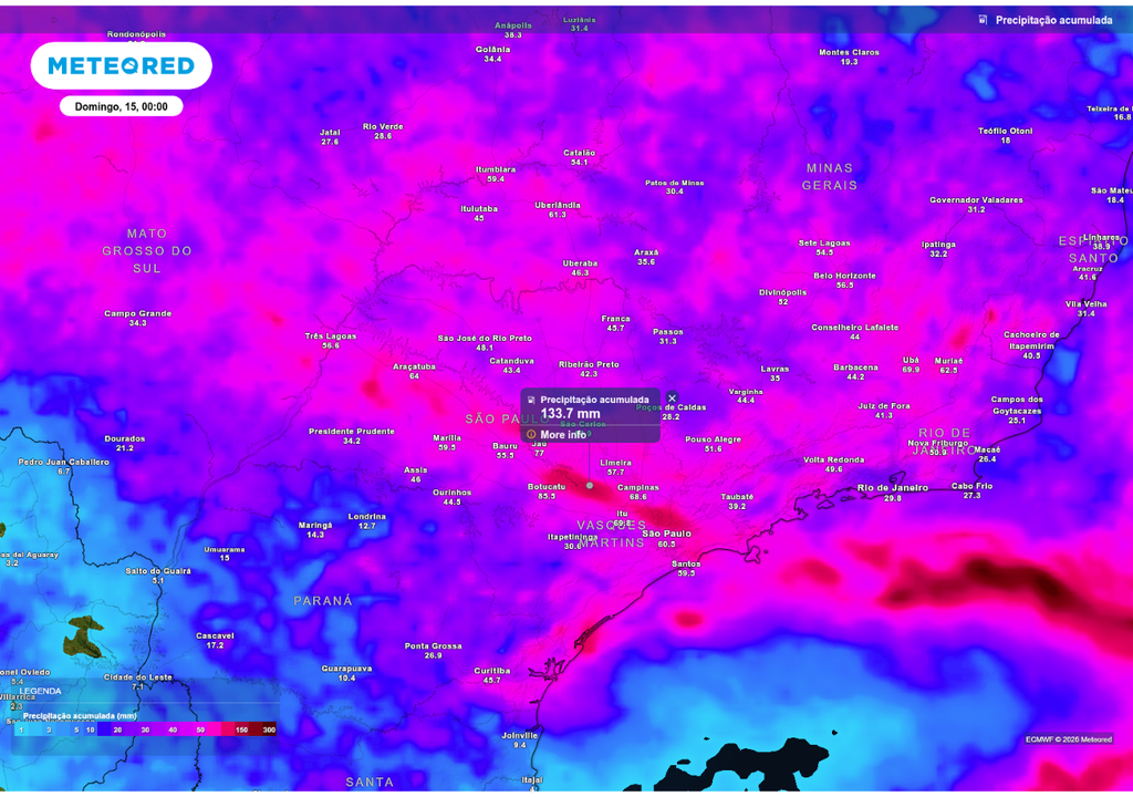 Previsão de chuva acumulada até o final de sábado (14), de acordo com o ECMWF.