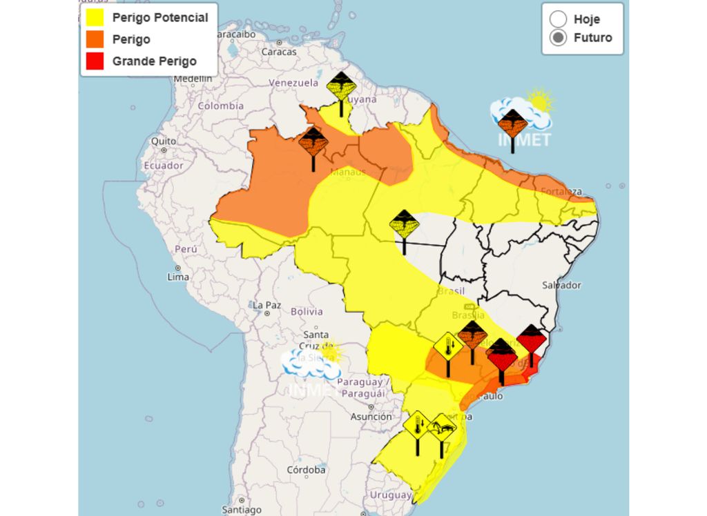 INMET emite alertas amarelo, laranja e vermelho para chuvas intensas nos estados brasileiros.