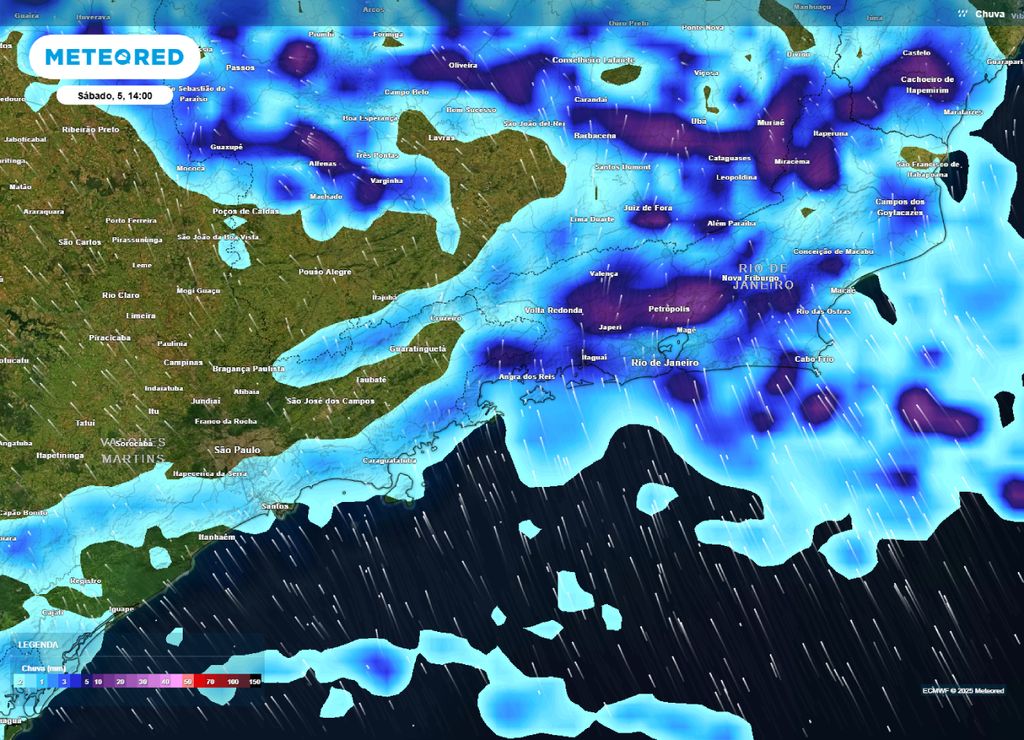 Mapa de precipitação prevista para a tarde de sábado (05).