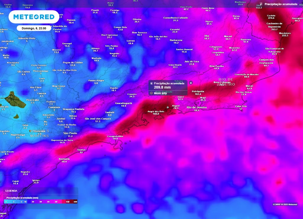 Previsão do acumulado de chuva entre a sexta-feira (04) e domingo (06)..