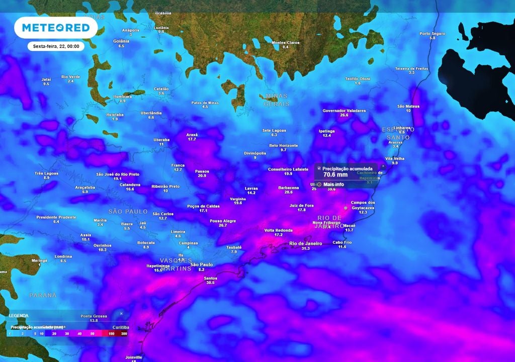 Previsão de chuva total acumulada até o final da quinta-feira. Previsão de chuva total acumulada até o final da quinta-feira mostra que alguns municípios entre o leste de São Paulo, sul de Minas Gerais e o Rio de Janeiro podem registrar até 70 mm.