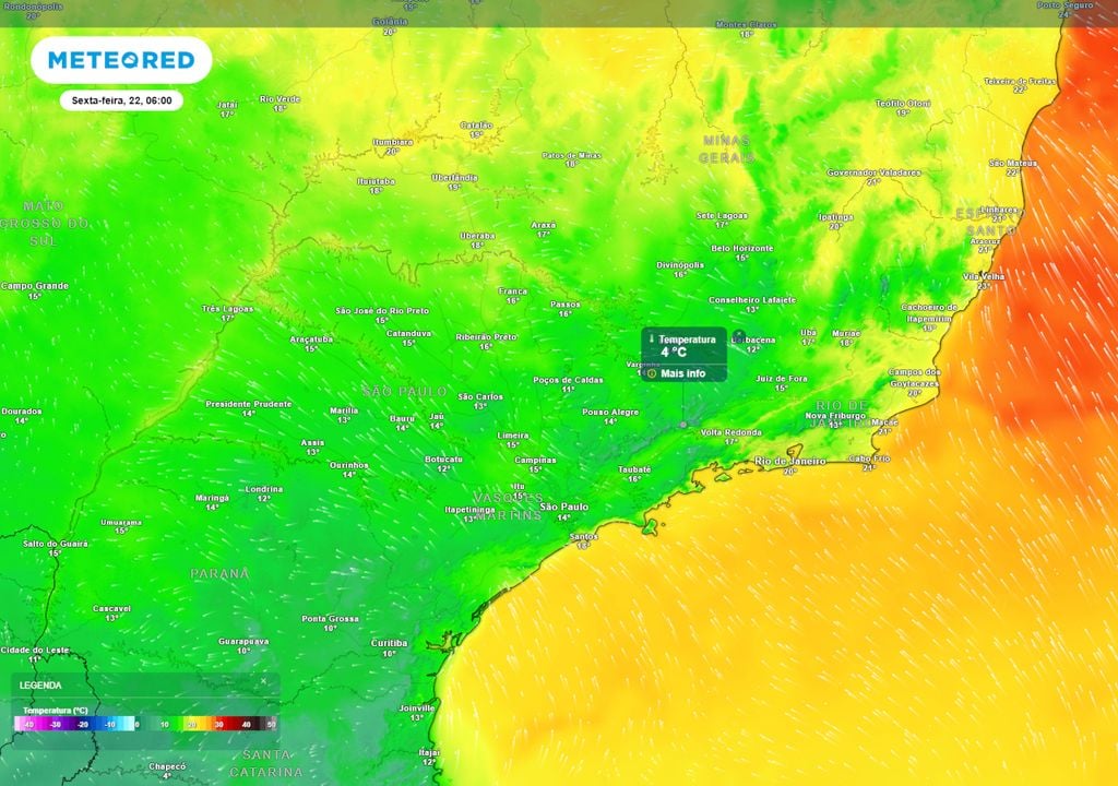 Previsão de temperaturas mínimas na sexta-feira durante a madrugada. Previsão de temperaturas mínimas na sexta-feira durante a madrugada mostra valores em torno dos 15°C na região afetada pela massa de ar frio, com risco de até 4°C na Serra da Mantiqueira.