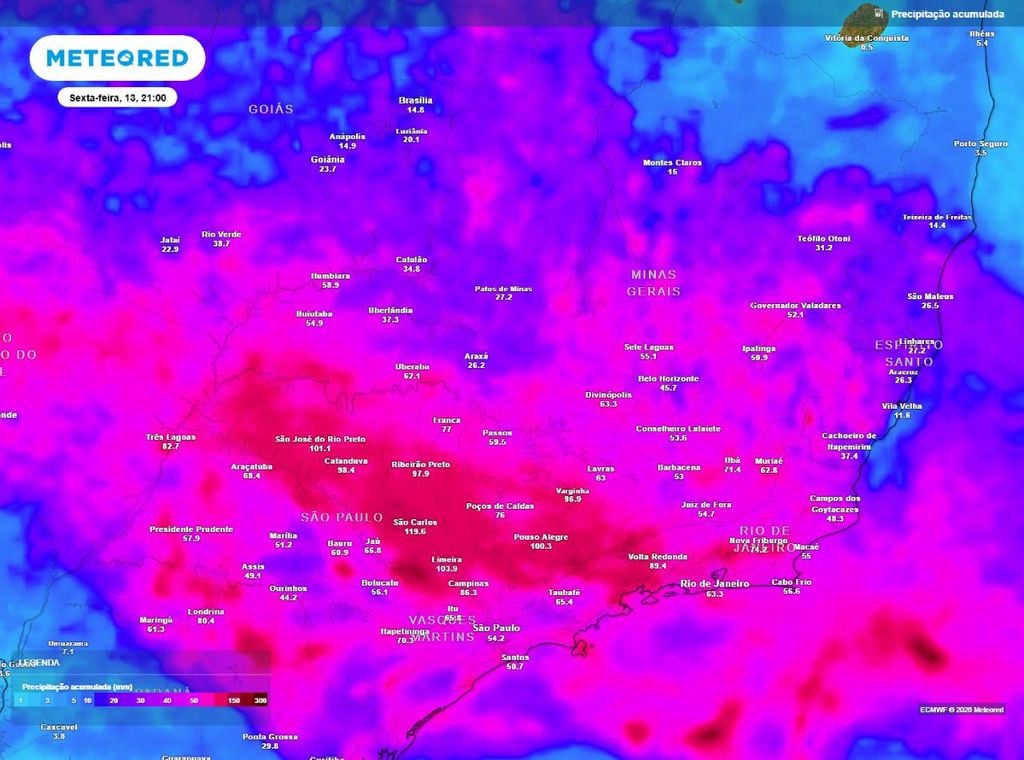 Previsão do acumulado de precipitação (em mm) entre hoje (10) e a sexta-feira (13) à noite (21h), segundo o modelo europeu ECMWF.
