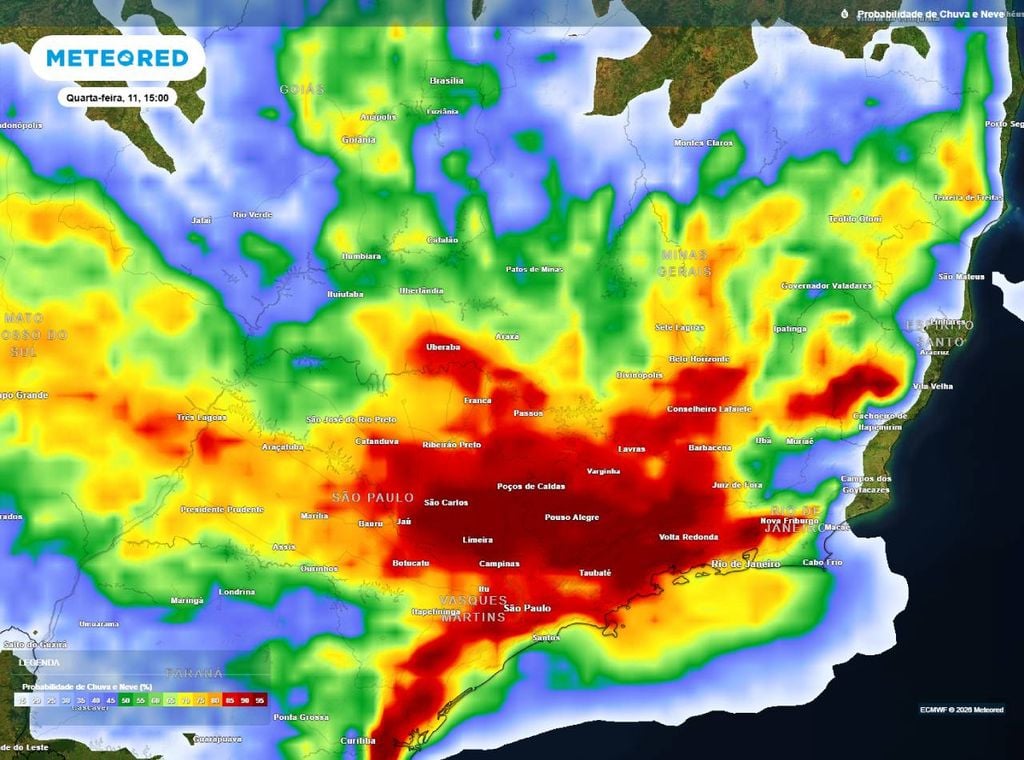 Previsão da probabilidade de precipitação (%) para a quarta-feira (11) à tarde (15h), segundo o modelo europeu ECMWF.